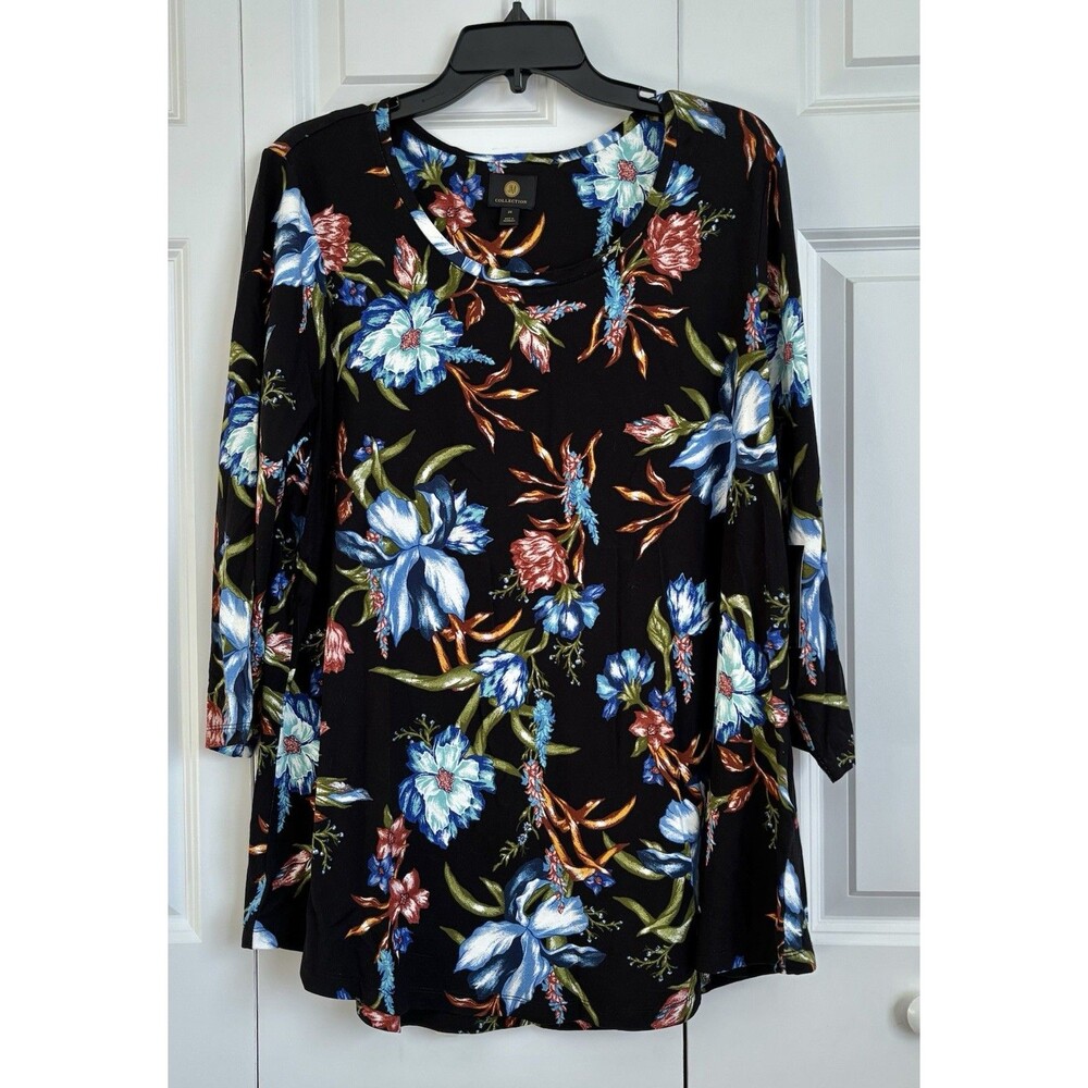 JM COLLECTION WOMENS TOPS CREW NECK PULLOVER 3/4 SLEEVE BLACK FLORAL PRINT